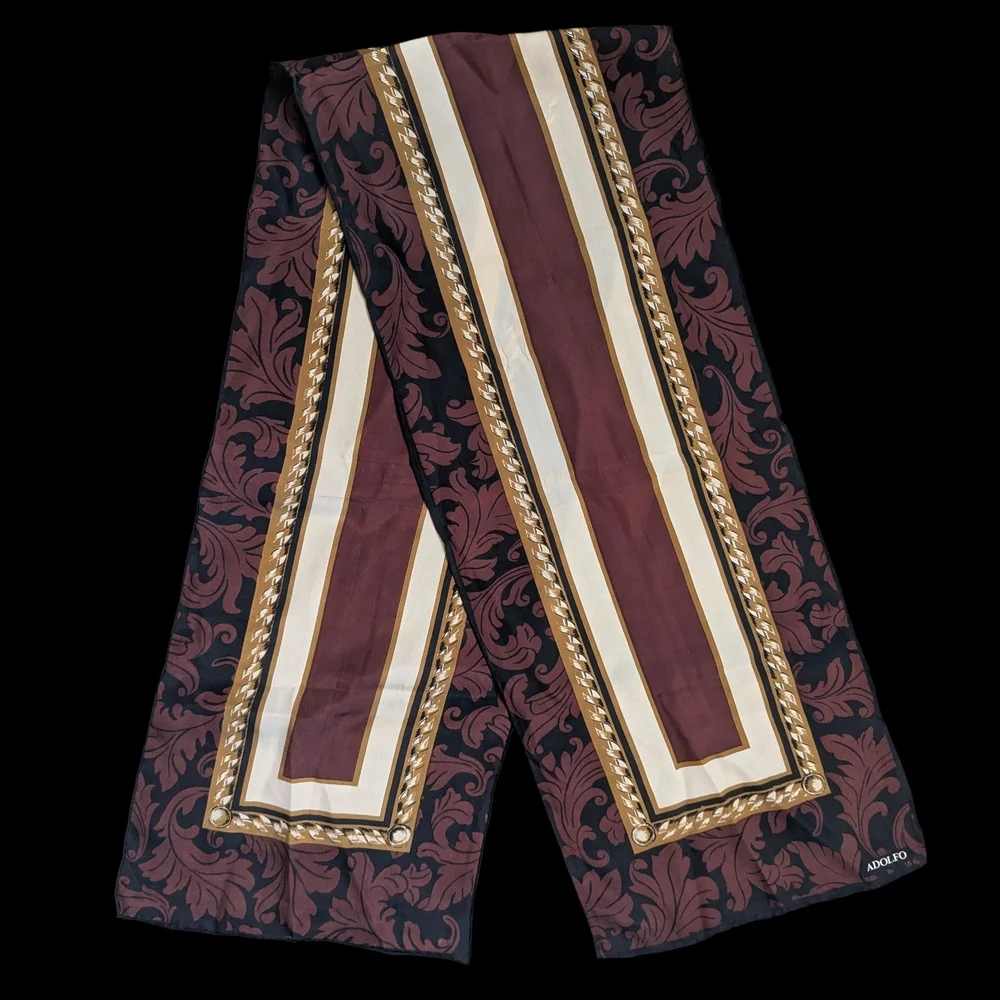 Adolfo Maroon, Cream & Gold Patterned Silk Scarf